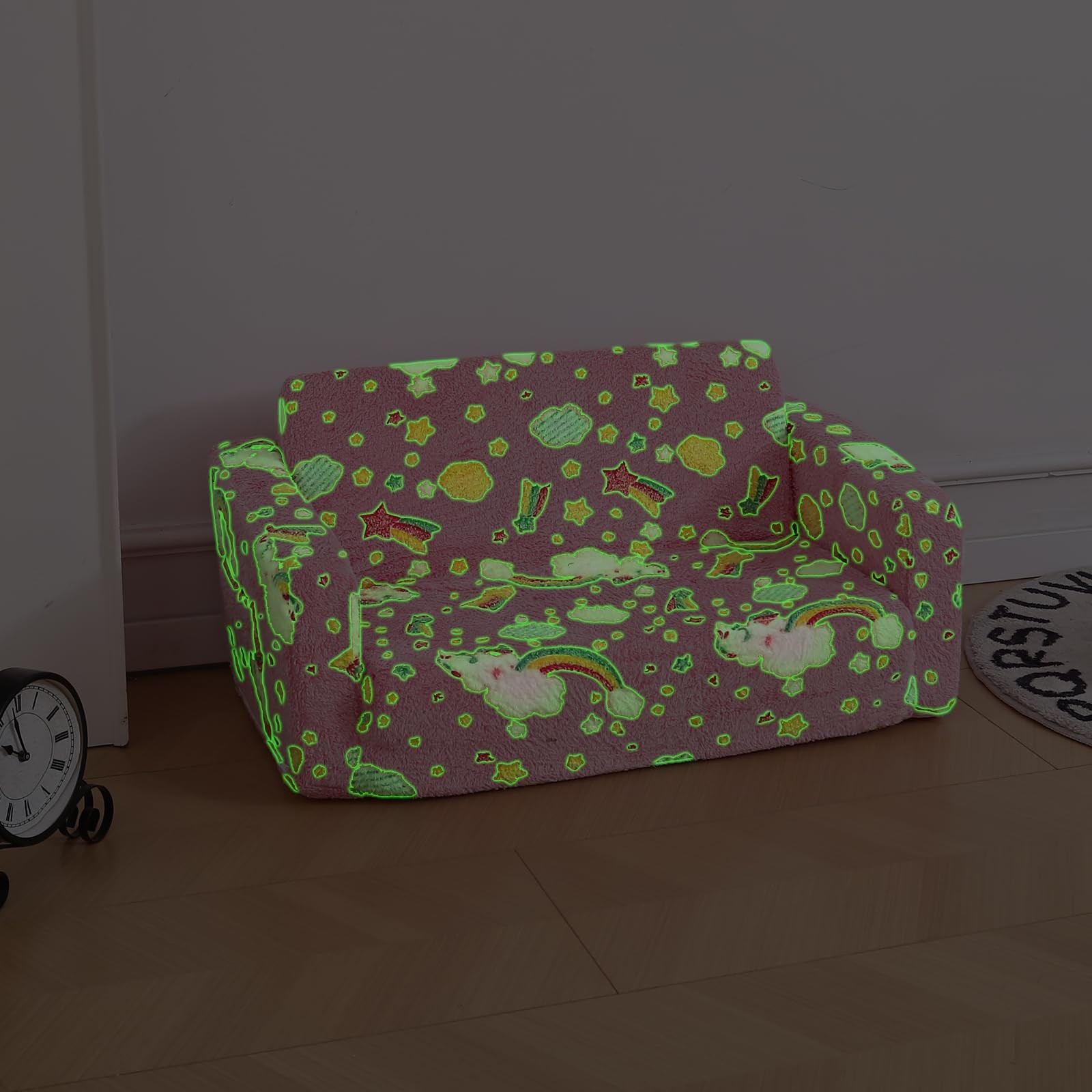 Foldable Kids Sofa Extra Wide for 2 Seats, Soft Kids Fold Out Couch Glow in T...
