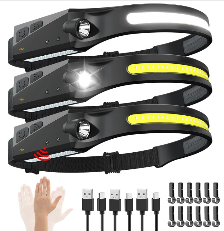 Linterna frontal LED recargable 3PCS 230° sensor movimiento 5 modos camping