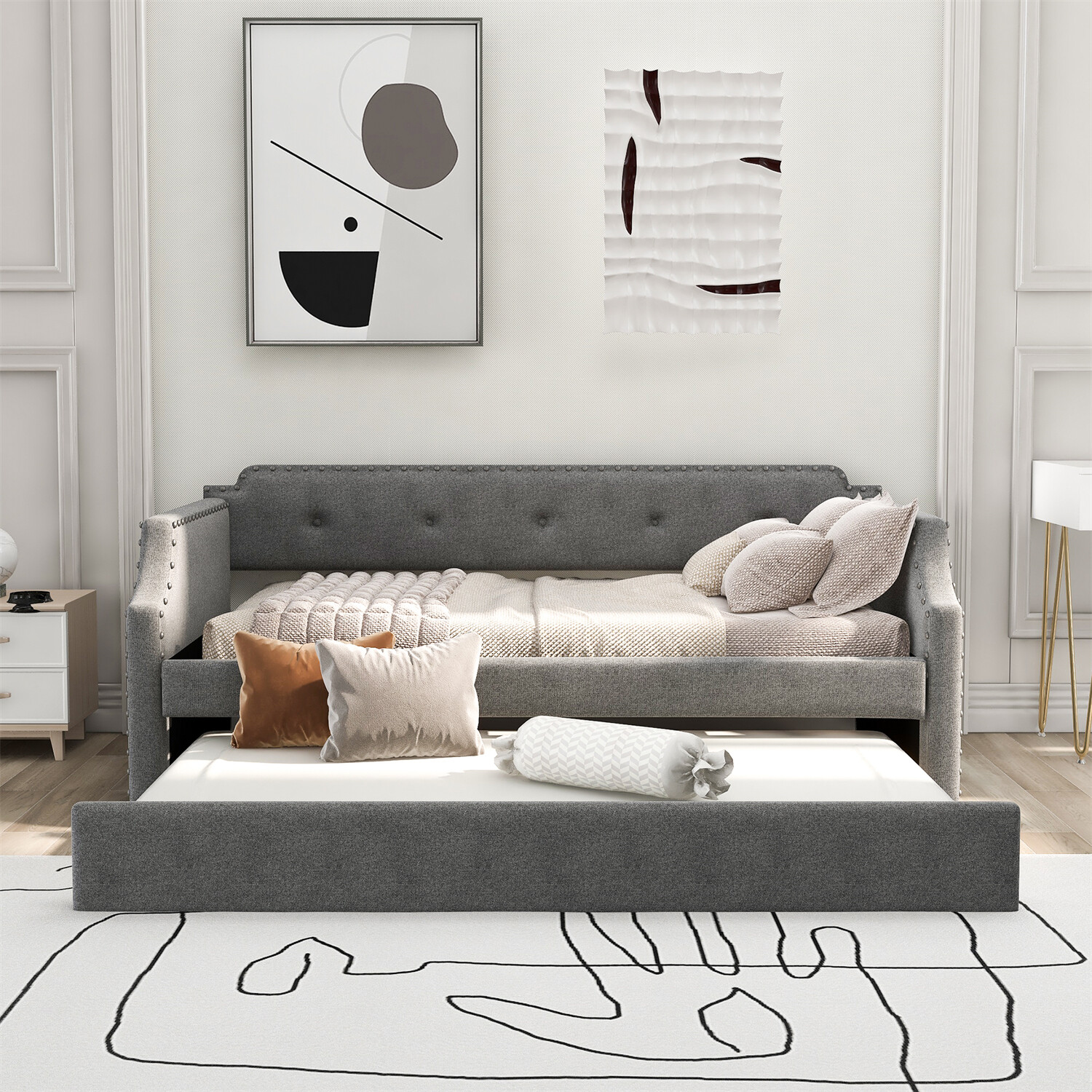 Twin Size Daybed with Pull-Out Trundle Bed Upholstered Bed Frame Sofa Bed US