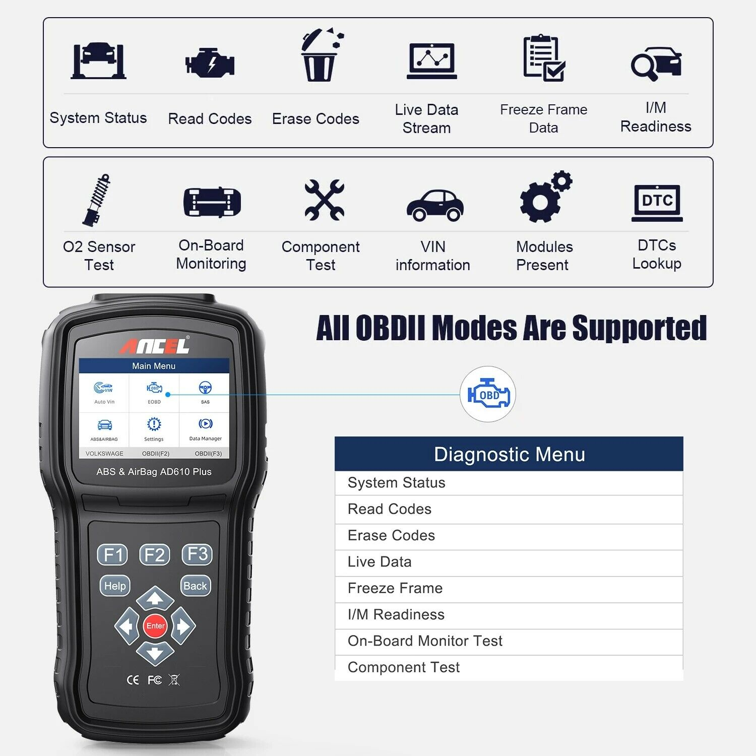 ANCEL AD610P OBD2 Automotive Scanner Engine Check ABS SRS SAS Reset Code Reader
