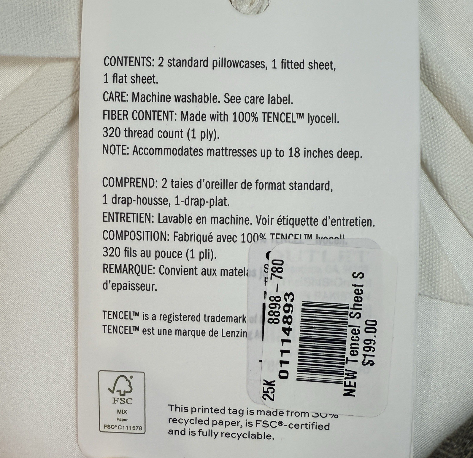 POTTERY BARN 320 THREAD COUNT QUEEN SIZE TENCEL LYOCELL SHEET SET WHITE 4 Pc NEW