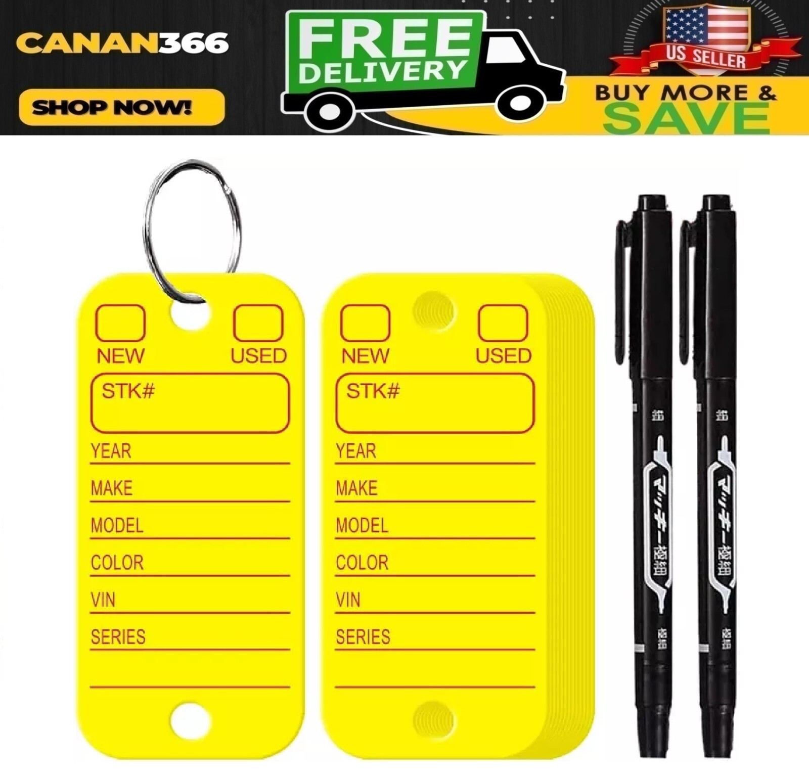 Poly Key Tags Plastic Key Tags w/ 200 Rings & 2 Markers Car Dealer 200 Pieces