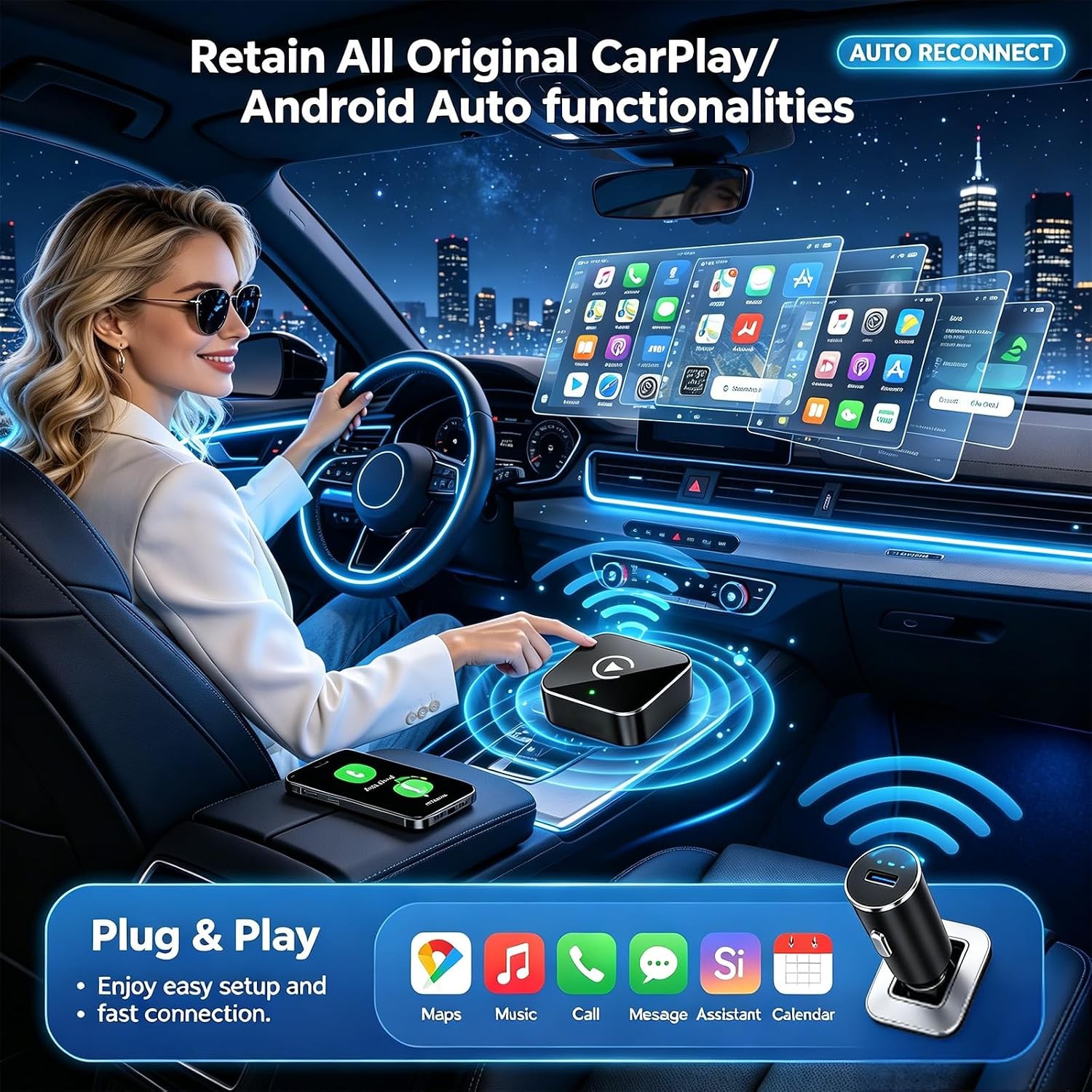 Wireless CarPlay Android Auto Adapter 2-in-1 Convert Wired to Wireless USB