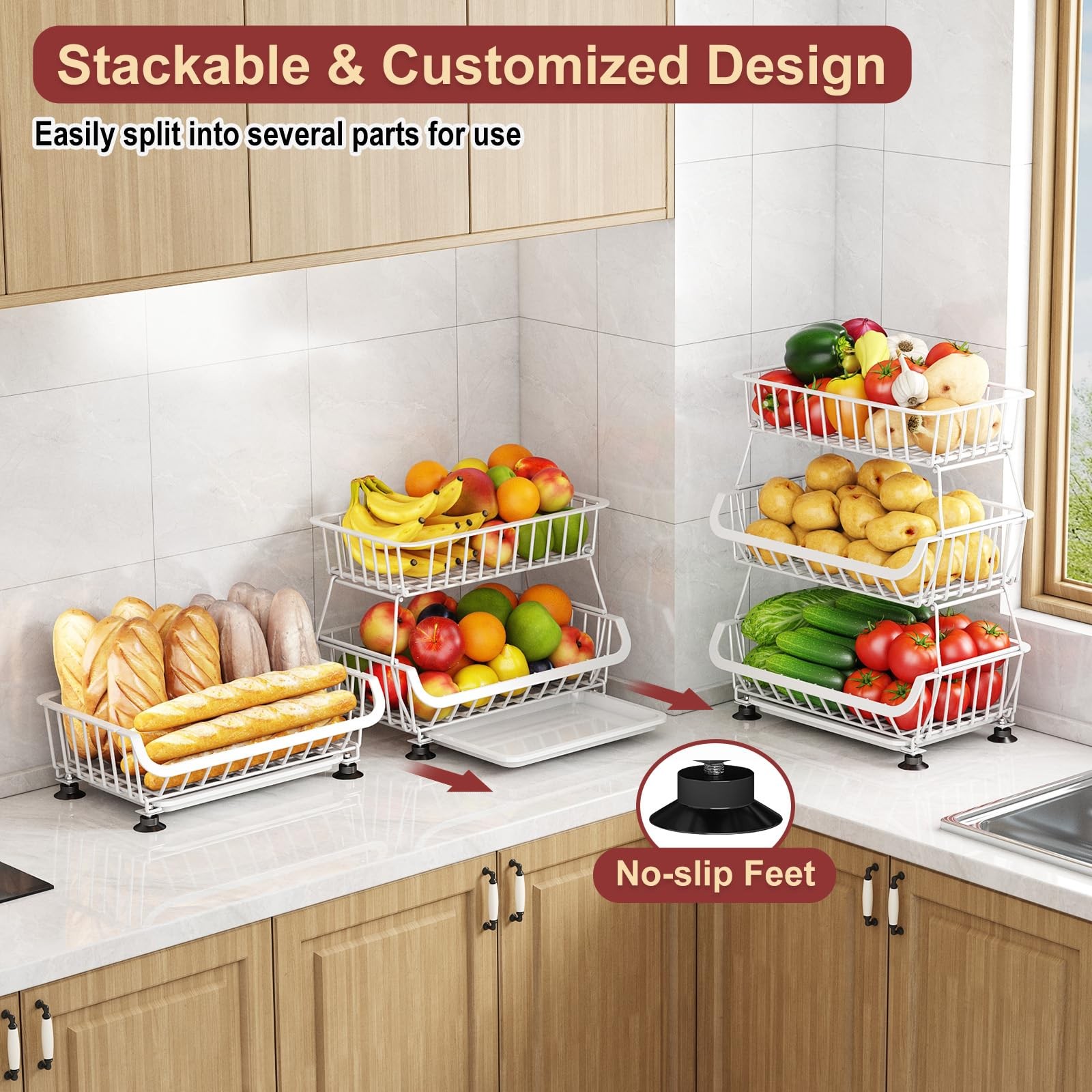 3Tier Rolling Pantry Cart w/Wheels Stackable Wire Storage Organizer White