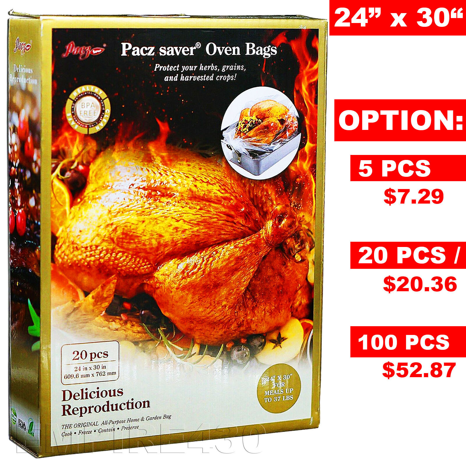24" x 30"  XL 37 LBS Turkey Bags Oven Bags BPA free Microwave Freezer $$$ Saver!