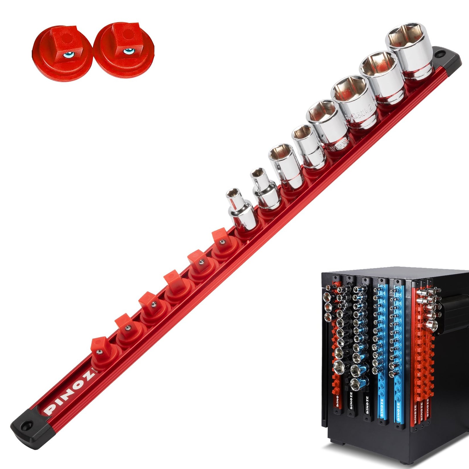 PINOZE 3/8" Magnetic Socket Holder Organizer - Aluminum Alloy DR, Red