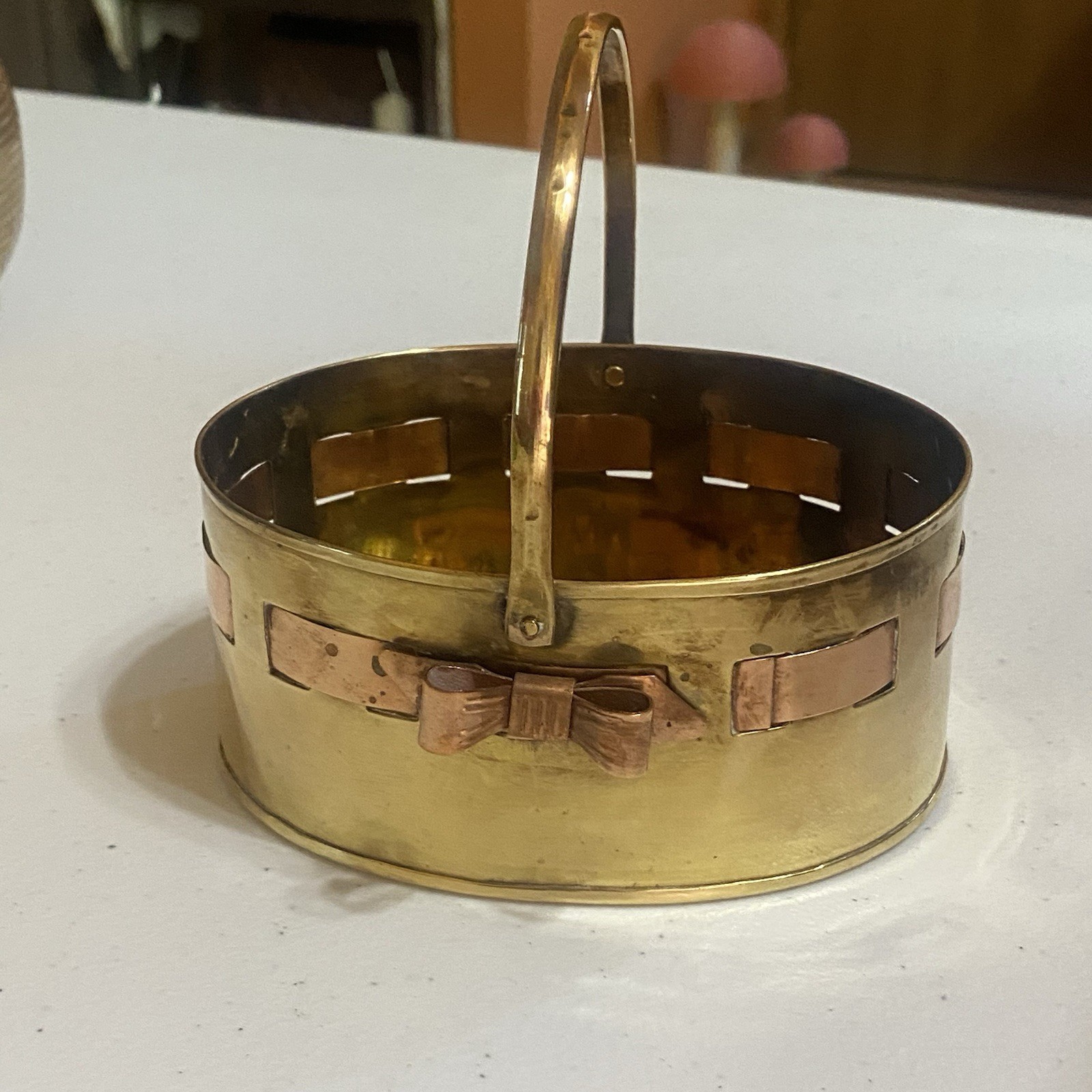 Brass Basket with Handle With Woven Design Bow