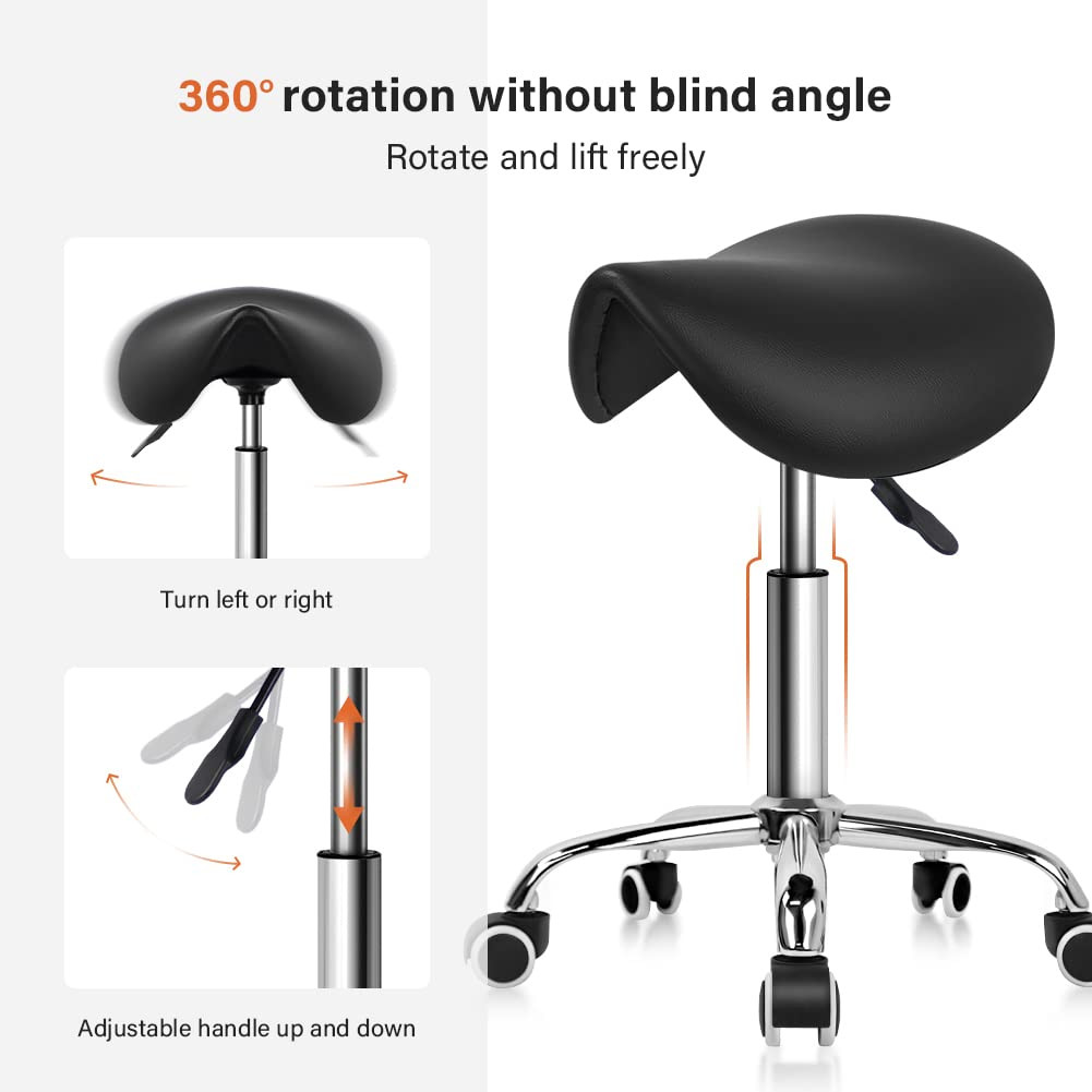 Rolling Saddle Stool PU Leather Swivel Adjustable Rolling Stool with Wheels S...