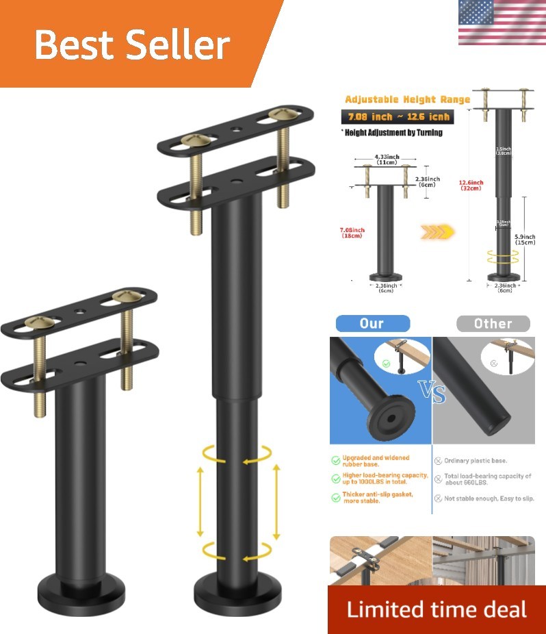 2 Pcs Adjustable Height Bed Support Legs 7.08-12.6 inch, Bed Frame Center Sup...
