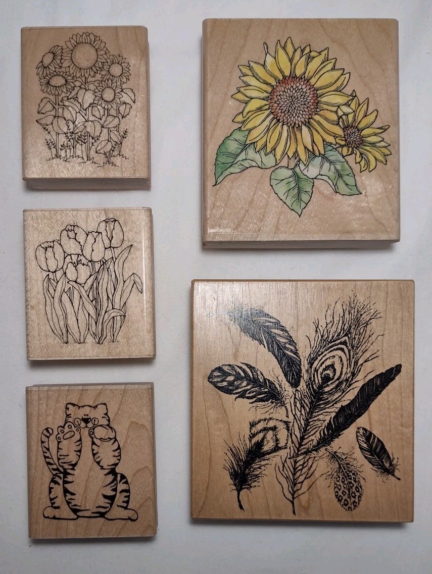 New Rubber Stamp Lot Floral Flowers Feathers Cat Various Brands & Sizes