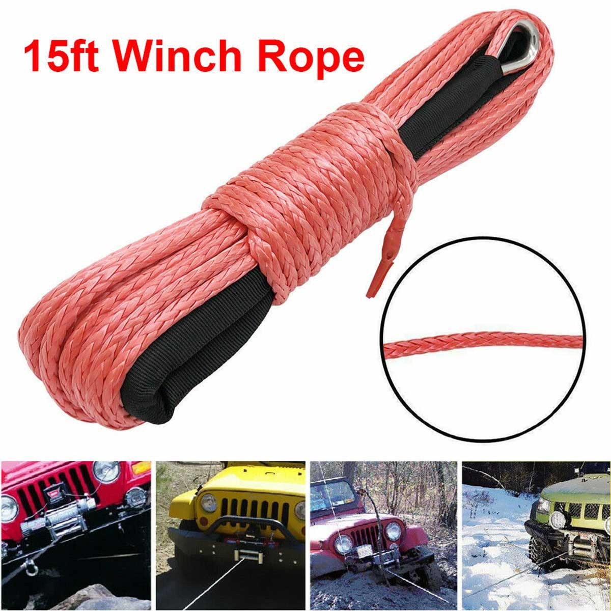 1/4" x 50' 10000LBs Synthetic Winch Line Cable Rope with Sheath ATV UTV Red #AZ