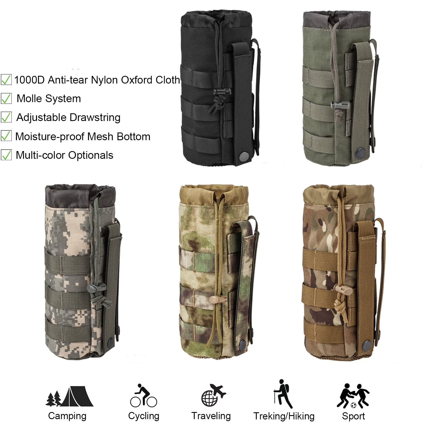 Drawstring Tactical Molle Military Kettle Pouch Holder Travel Water Bottle Bag