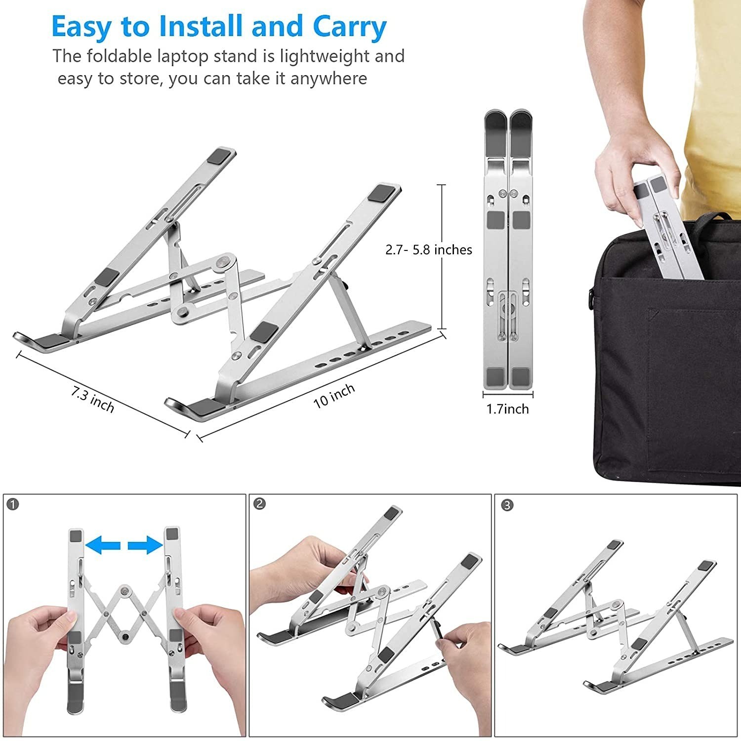 Leeboom Adjustable Laptop Stand, Foldable Aluminum Riser, Silver
