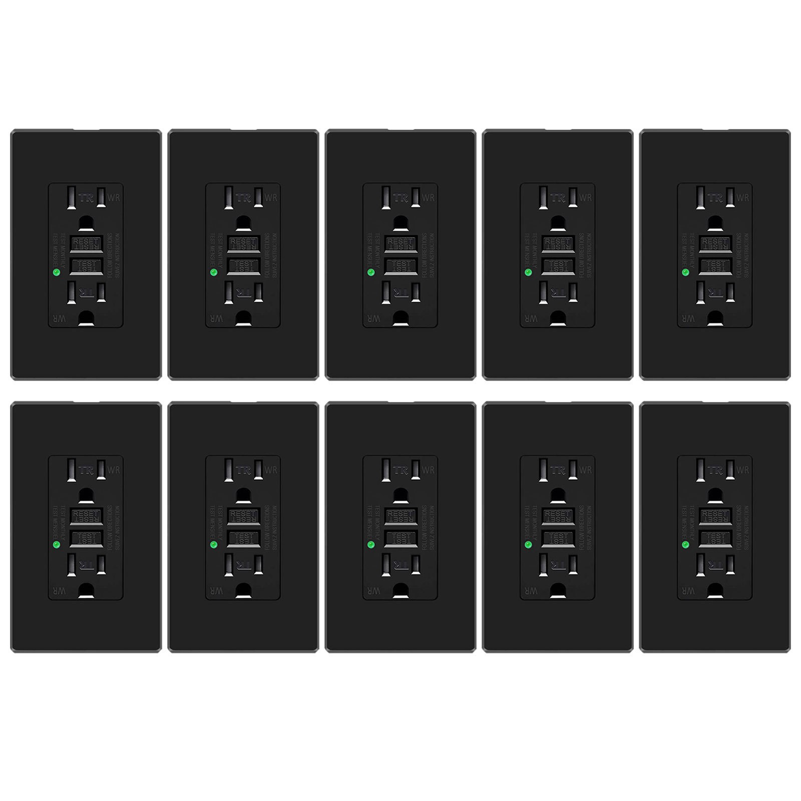 10PK GFCI Outlet 15 Amp Tamper Weather Resistant Ground Fault Receptacle Black
