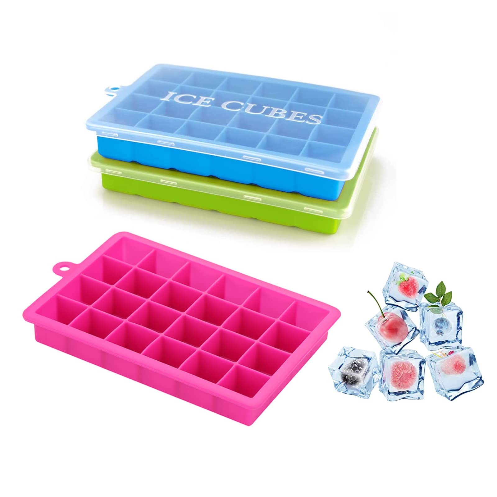 3 Pack 24 Cavities Silicone Ice Cube Trays with Lids for Coffee Beverages