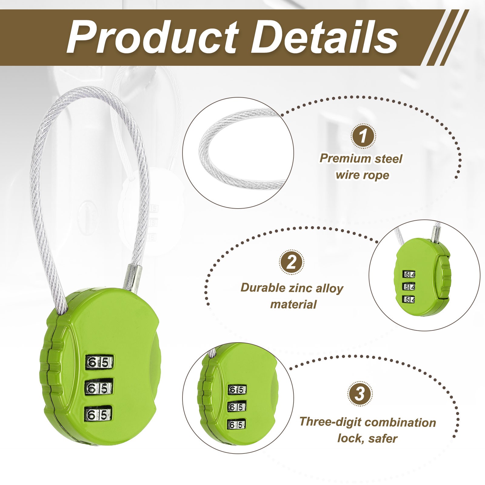 2-Pack Combination Padlock, 3 Digit Round Shaped Cable Luggage Lock [Green]
