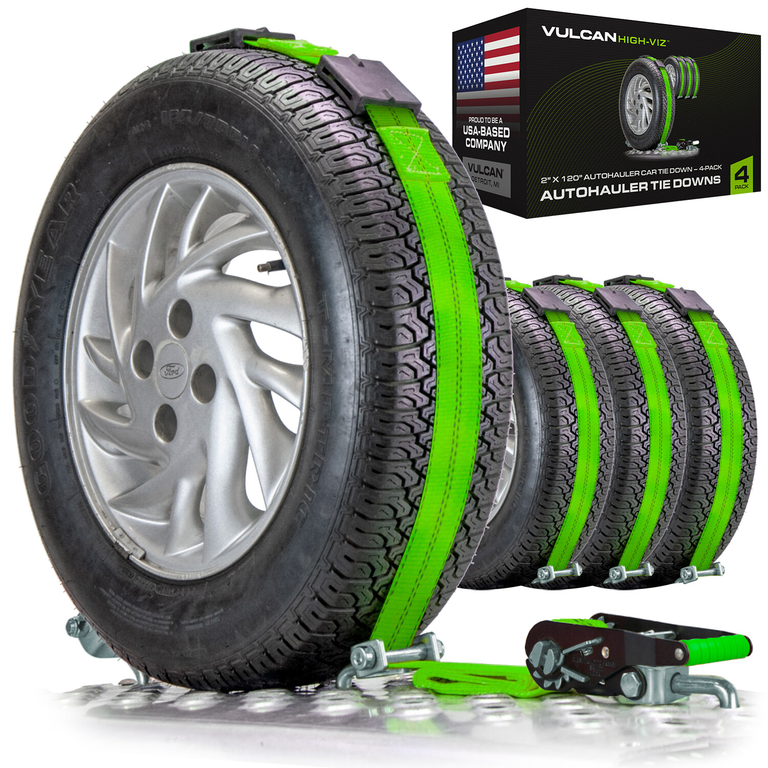 VULCAN High-Viz 120" Rolling Idler 3-Cleat Car Tie Down, 3300 lbs. SWL, 4 Pack