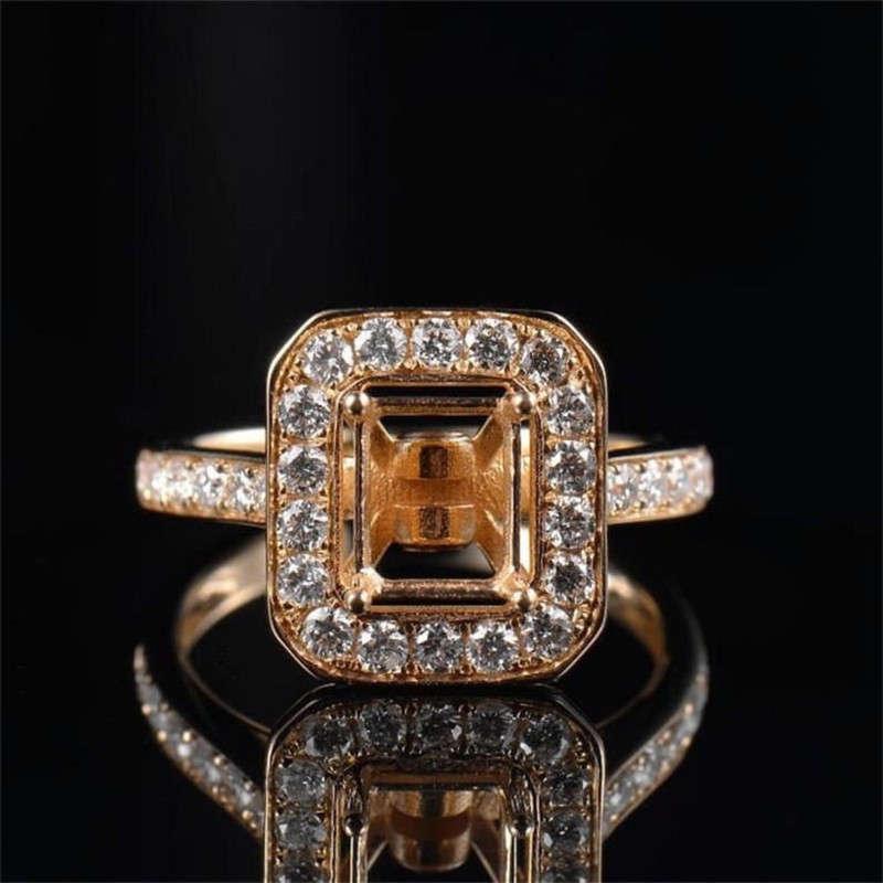 7x5 MM Emerald Cut Semi Mount Ring 925 Silver Gold Plated Pavé Halo Blank Ring