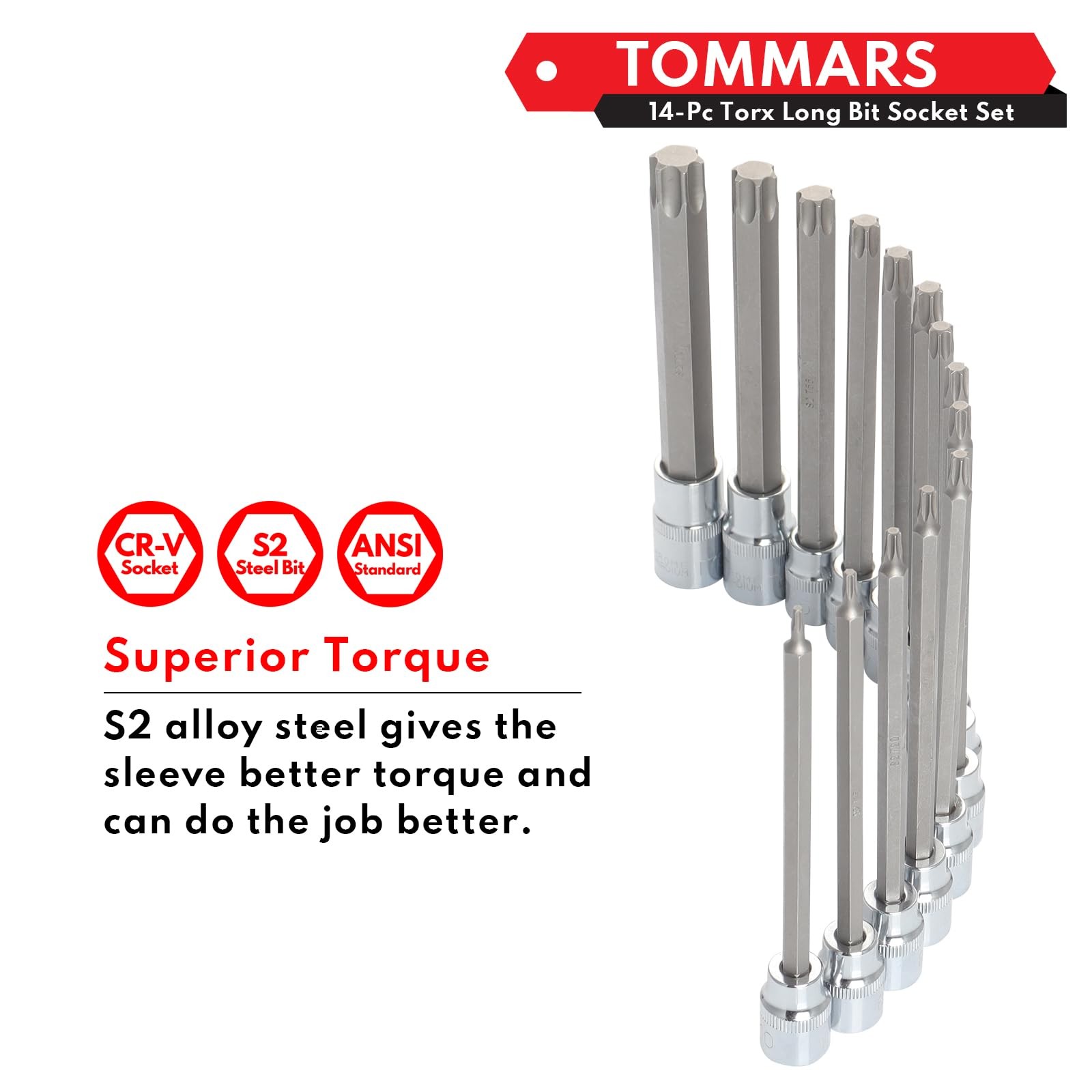 TOMMARS 14-PC Long Torx Bit Socket 14-Piece, T10-t70