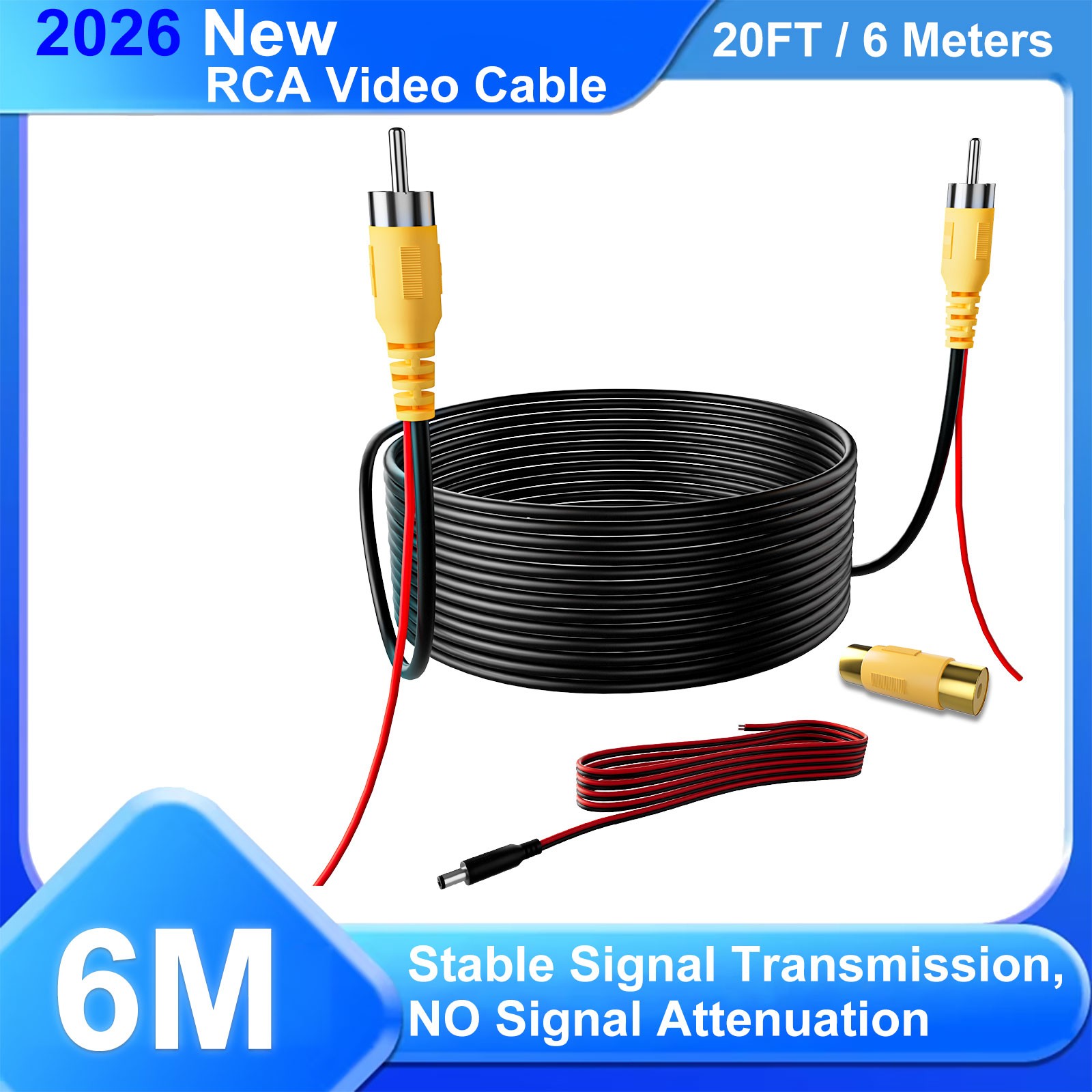 20FT 6M Professional RCA Video Cable Double Shielded for Car Backup Camera