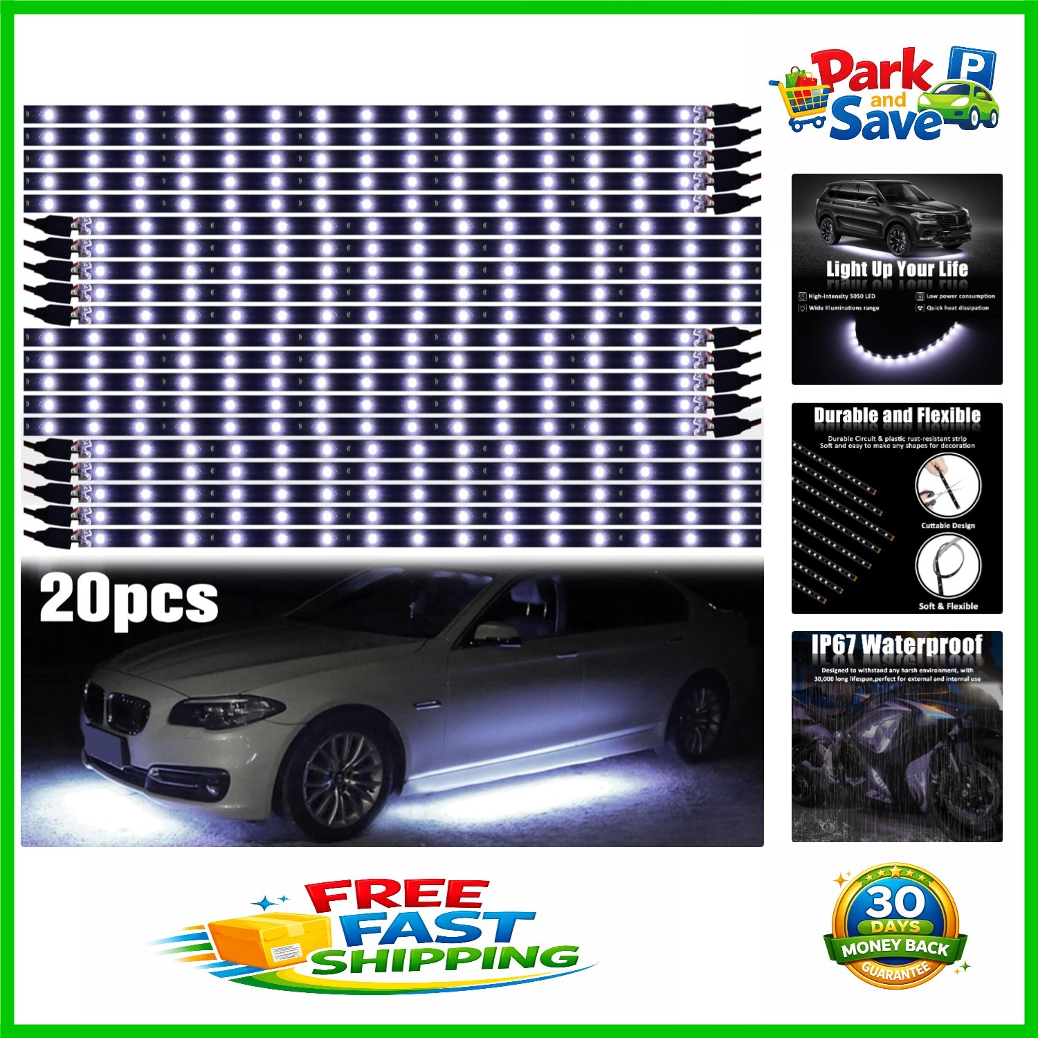 Pack of 20 15-LED White Flexible 30cm Car Underbody Lights - Waterproof & Bright