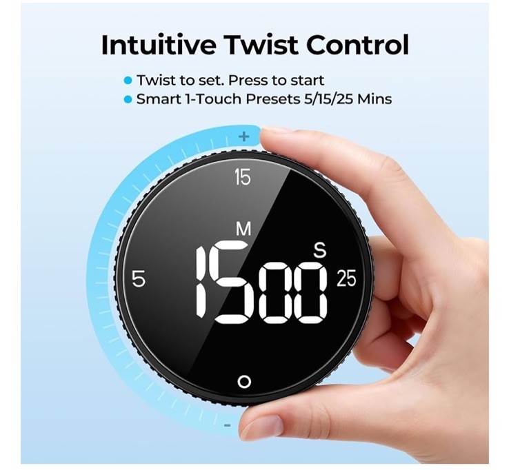 Digital Kitchen Timer with HD LED Display, Magnetic Countdown & Countup Black