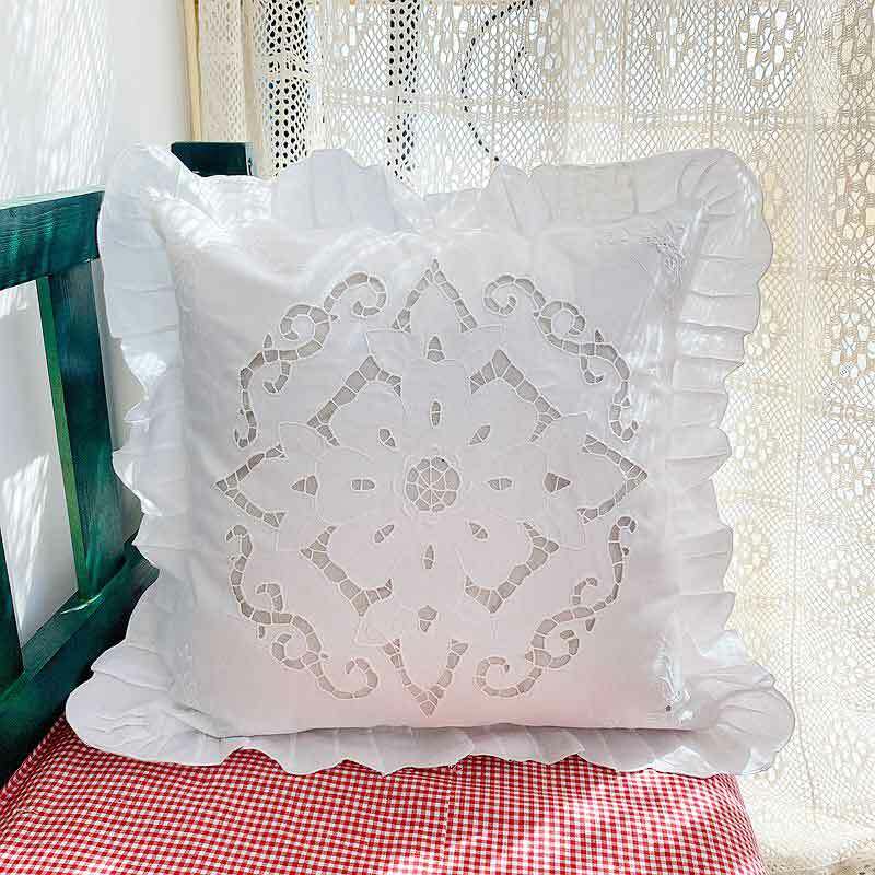 Elegant White Flower Embroidery Hand Hemstitch Wide Frill Cotton Cushion Cover