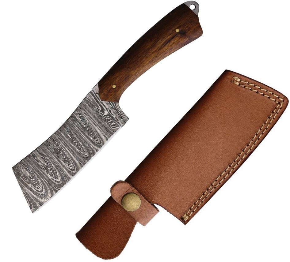 FH Knives Fixed Knife 4.5" Damascus Steel Full Tang Cleaver Blade Wood Handle