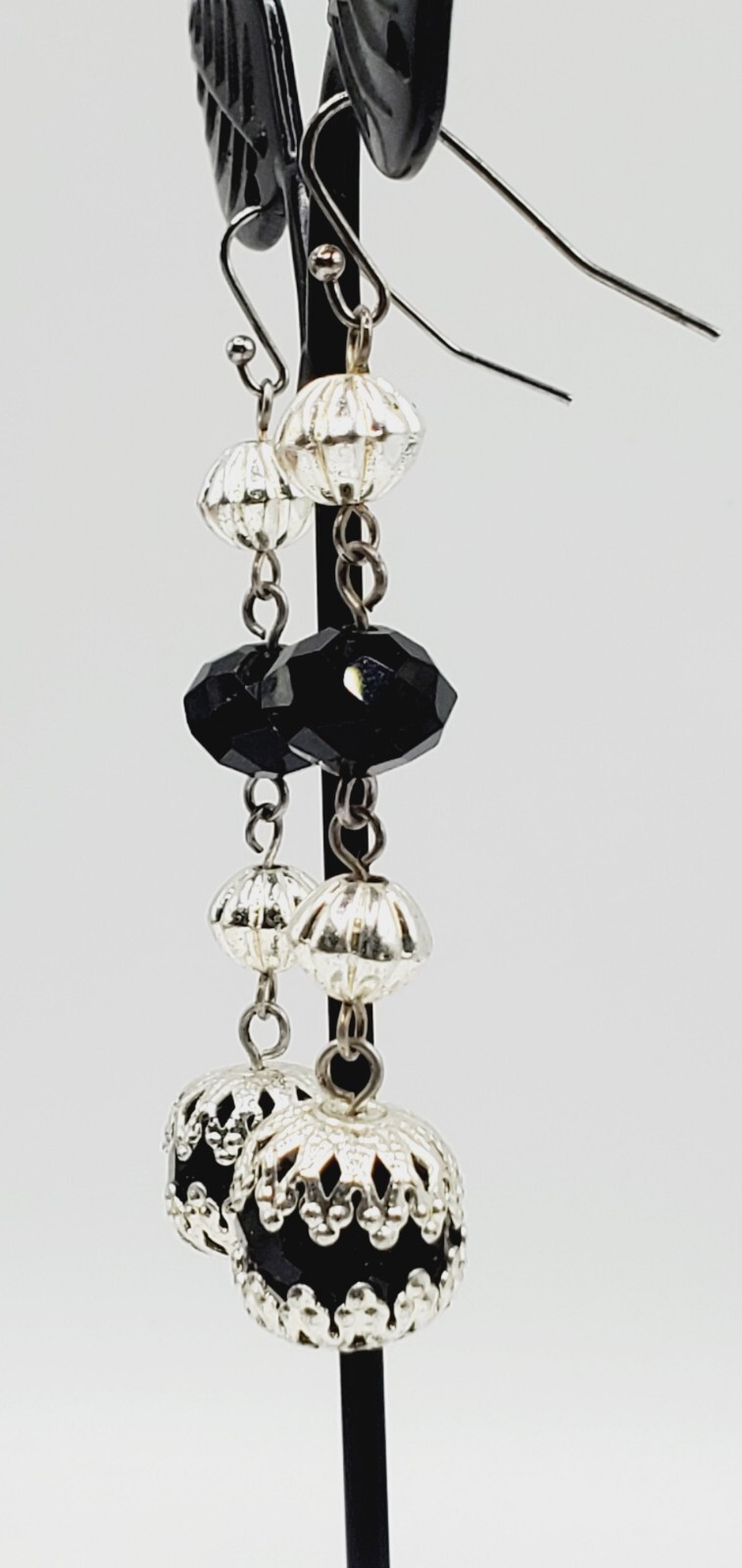 2.5" Asymmetrical Black Crystal & Silver Tone Dangling Pierced Earrings