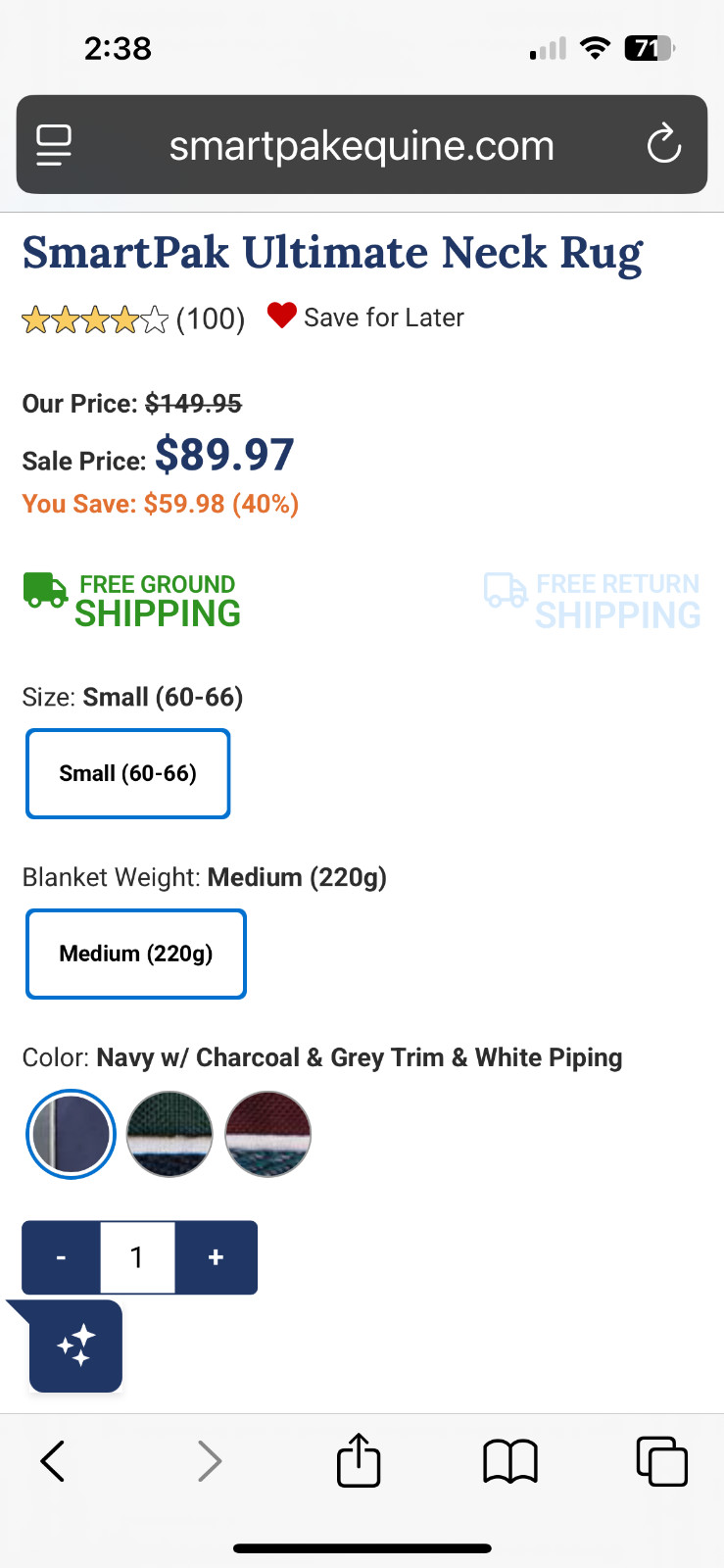 NEW SmartPak Ultimate Neck Rug Size Small