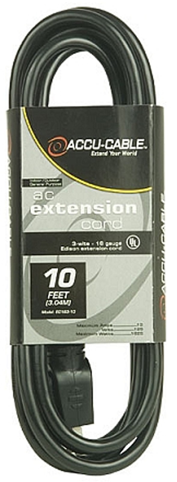 Elation EC163-10 10 Ft. 120V Black 16 Gauge Translucent Extension Cord Ul Listed