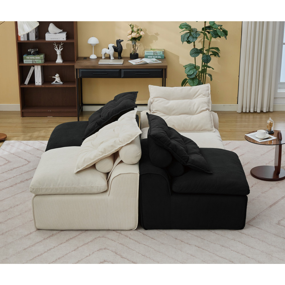 4-Piece Armless Corduroy Modular Sofa w/ Neck & Lumbar Pillows, Beige & Black