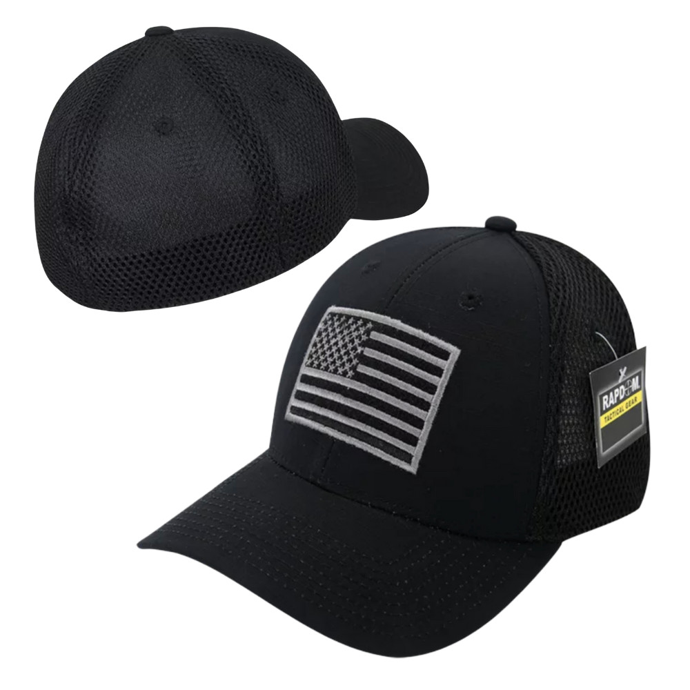 Tactical Ripstop Flex Baseball Cap Mesh Military Operator Hat - Black USA Flag