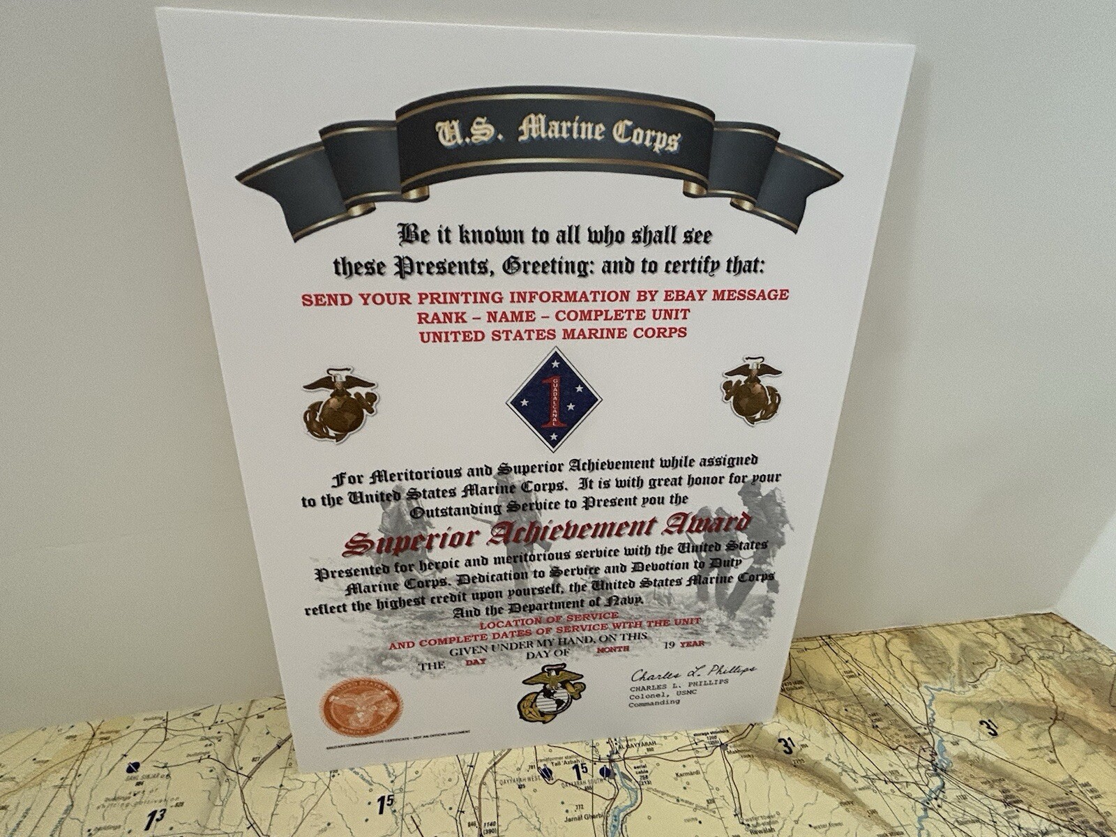 U.S.M.C. / SUPERIOR ACHIEVEMENT AWARD - 1ST MARINE DIVISION / CERTIFICATE