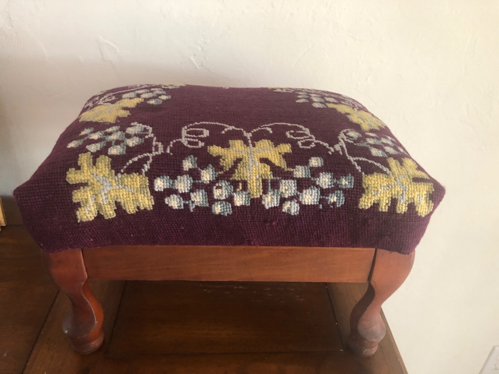 Antique Foot Stool Needlepoint Grapes & Leaf on Plum Background Wool 10" Tall
