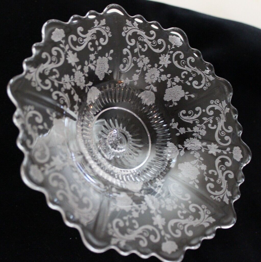 Vintage Pedestal Clear Glass Dish Etched Floral 6" Wide & 3 1/4" Tall