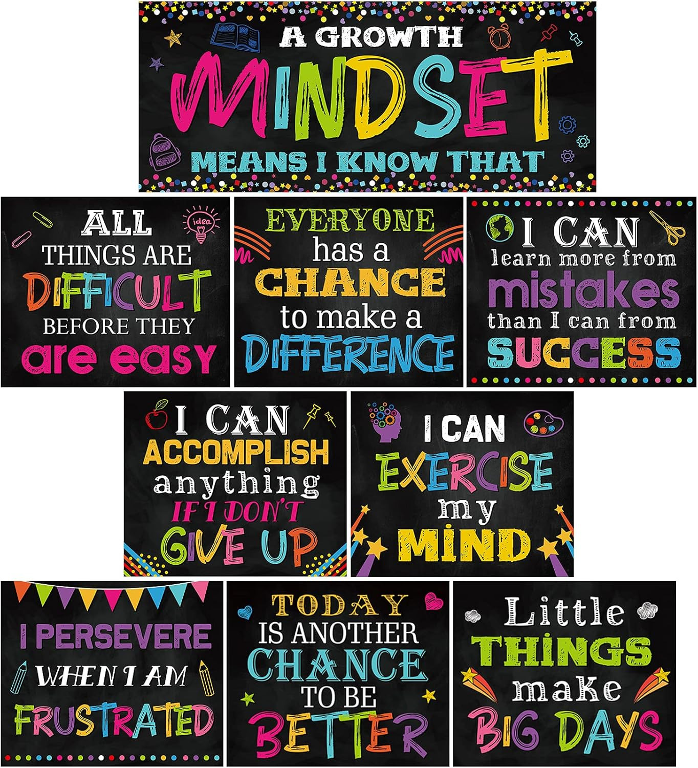 9 Pcs Classroom Motivational Posters Growth Mindset Banner Inspirational Bulleti