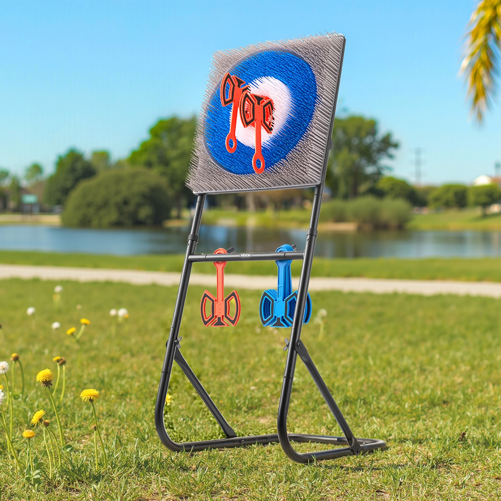 Axe Throwing Game Plastic Bristle Target with 8 Throwing Axes Set Steel Frame