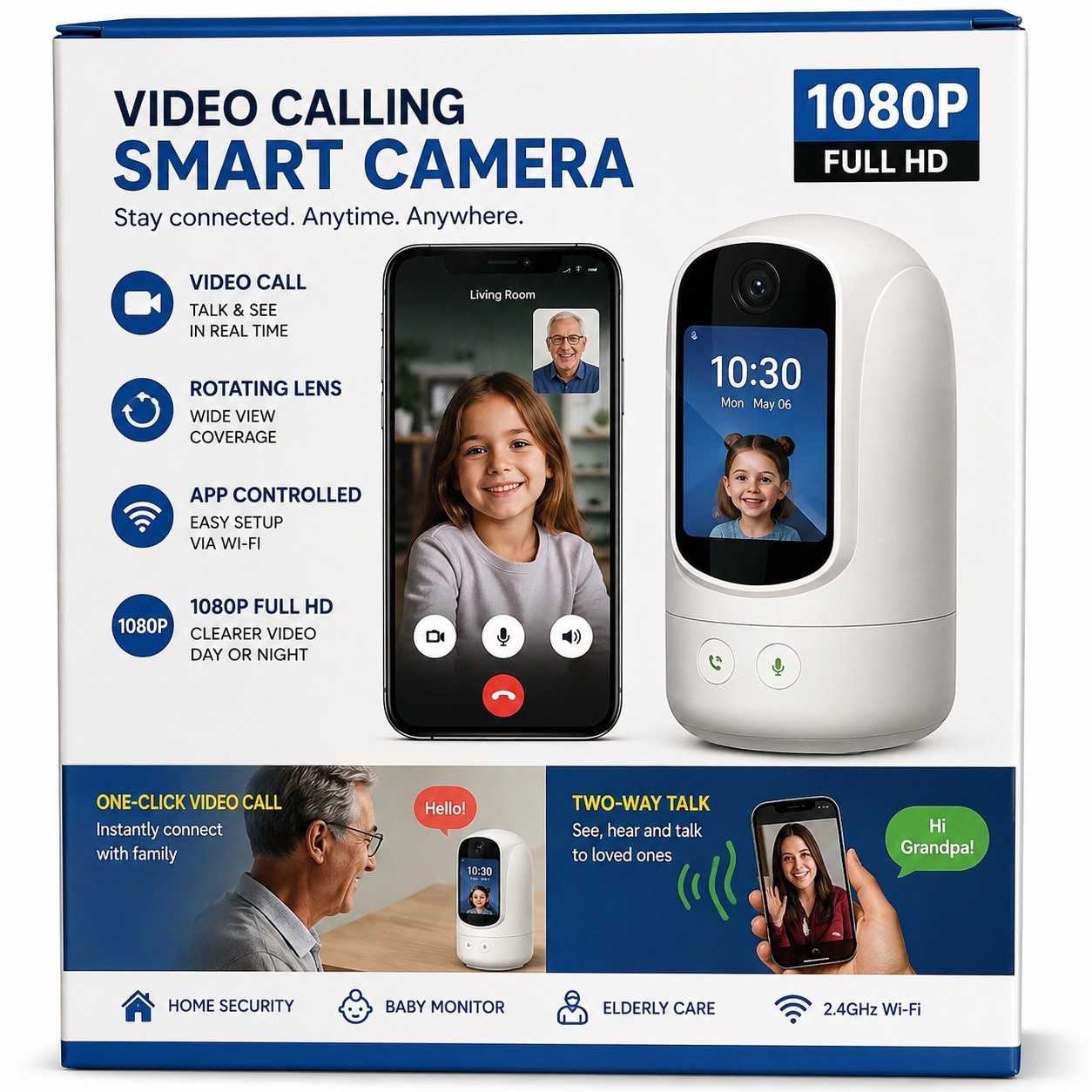 Smart Video Calling Camera 1080P WiFi Rotating Wide View Baby/Elderly
