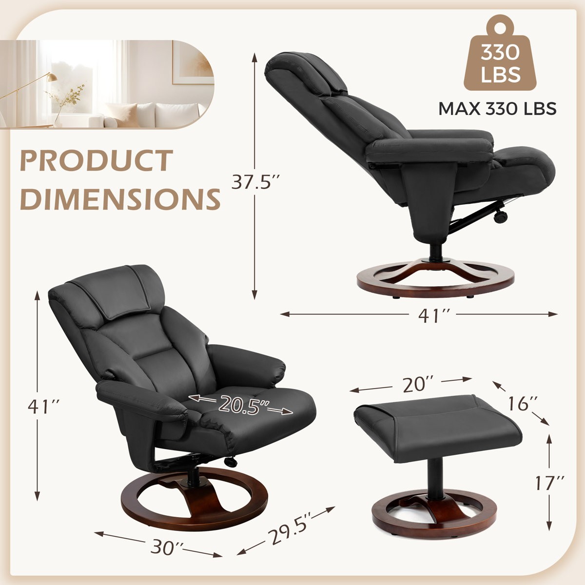 Trule Leather Swivel Recliner Chair With Ottoman Ergonomic for Living Room Home