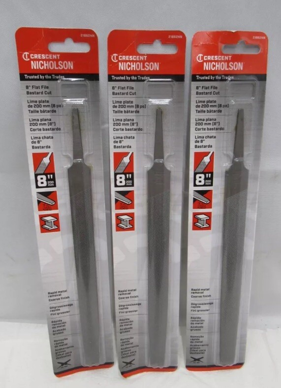 Lot of 3 Crescent Nicholson Bastard Coarse Finish Files High Carbon Steel 8" L