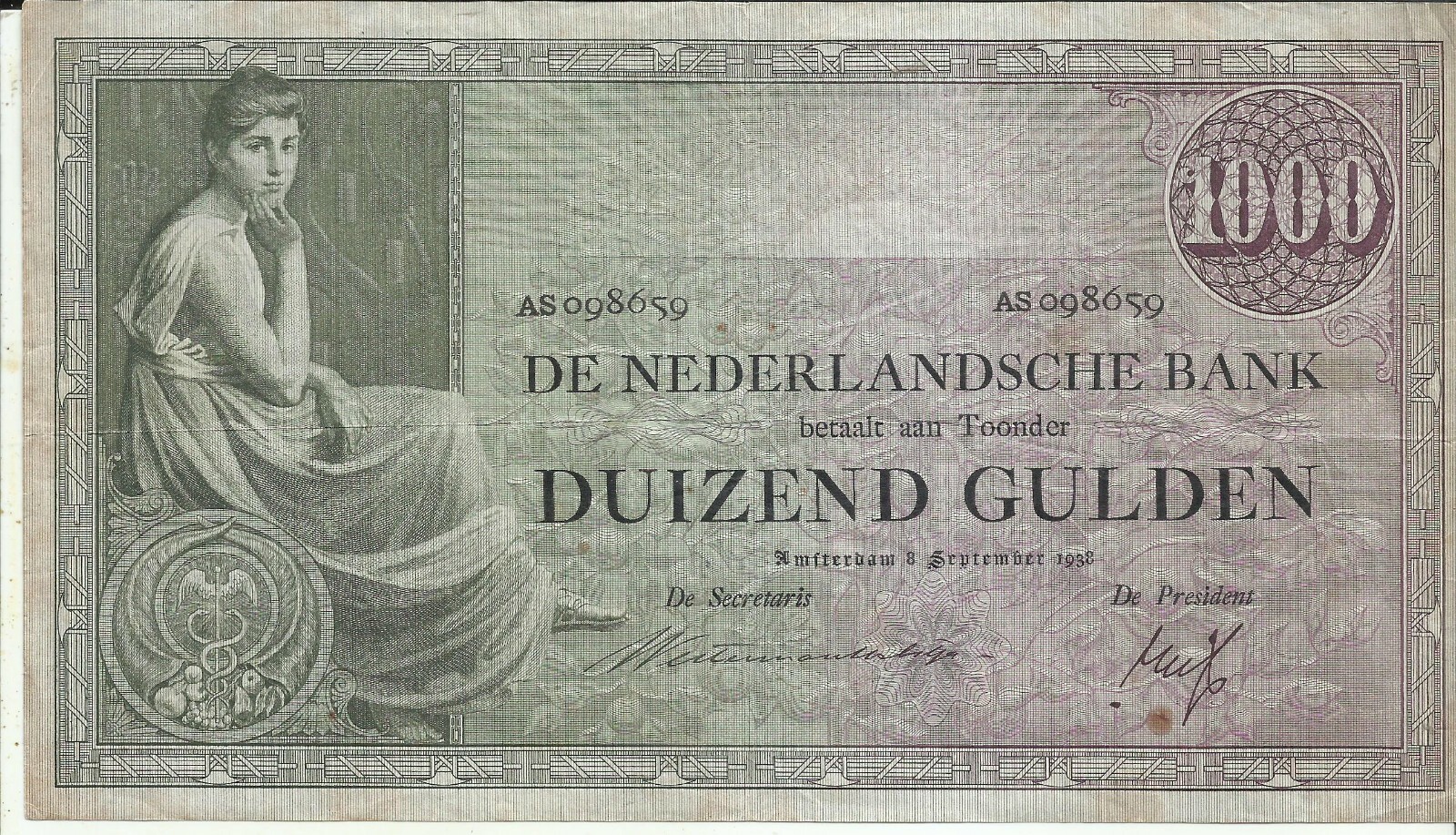 NETHERLANDS 1000 GULDEN 1938  P 48. VF CONDITION. 9RW 05NOV