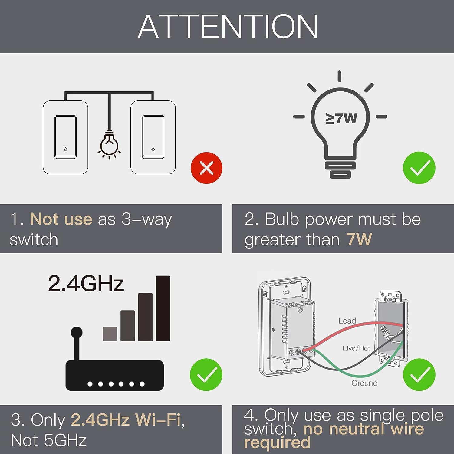 MOES WiFi Smart Light Switch No Neutral Wire Required No Capacitor Remote 2 Pack