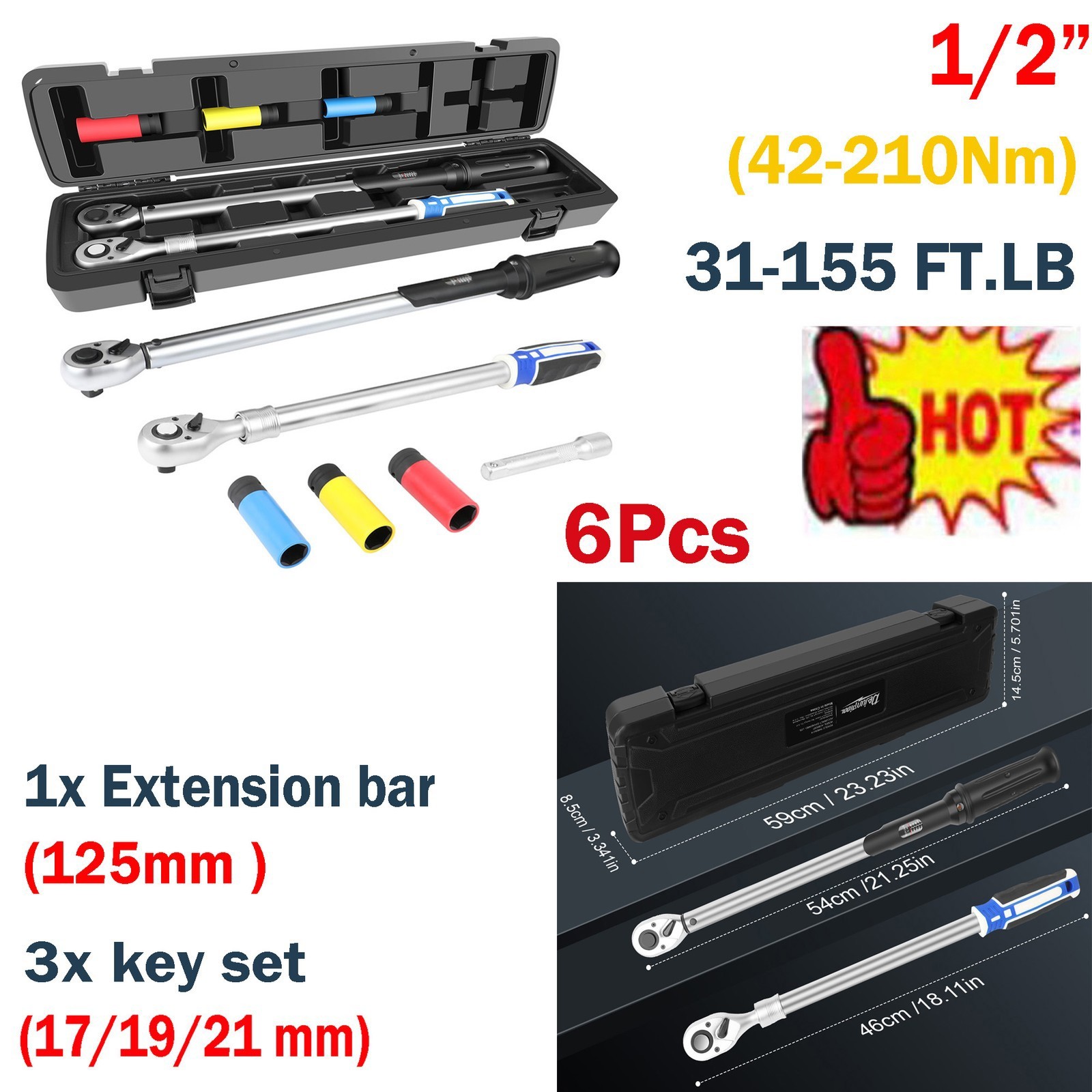 ❤️1/2" Drive Torque Wrench Ratchet Click 42-210nm (31-155 ft.lb) Adjustable 6Pcs