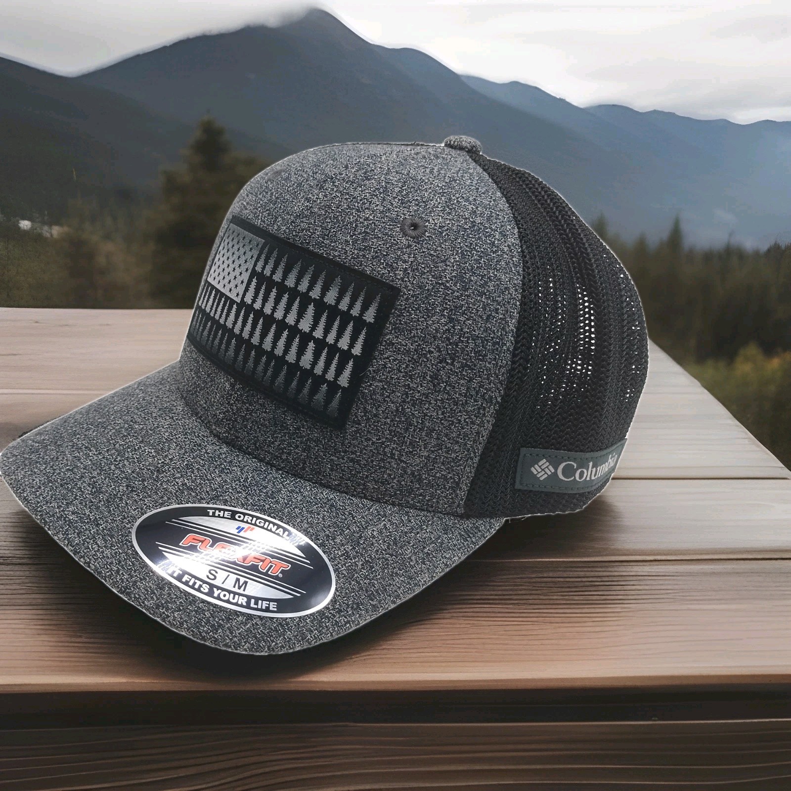 Columbia Tree Flag Patch Gray Unisex Flexfit Mesh Hat Cap Small/Medium NWT