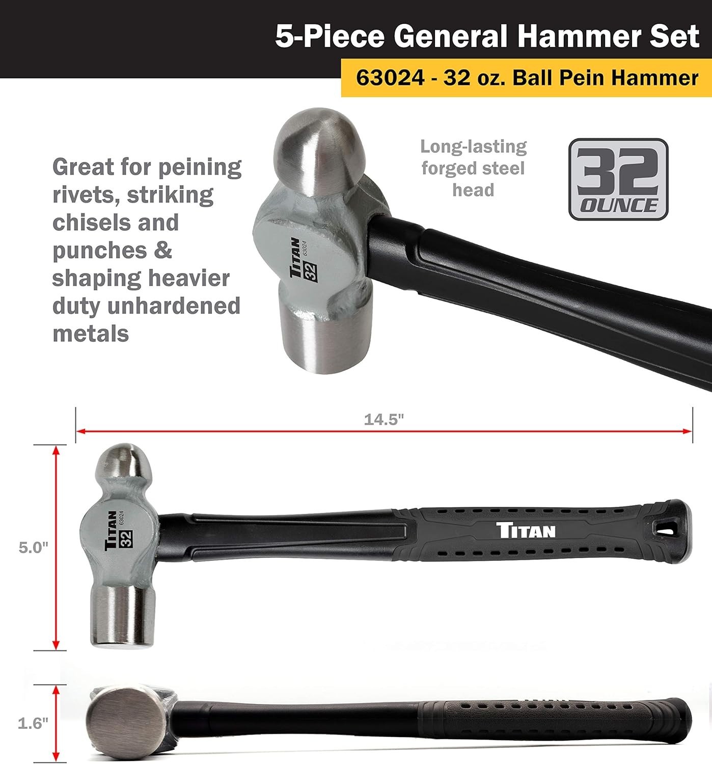 Professional 5-Piece Hammer Set with Rubber Handles