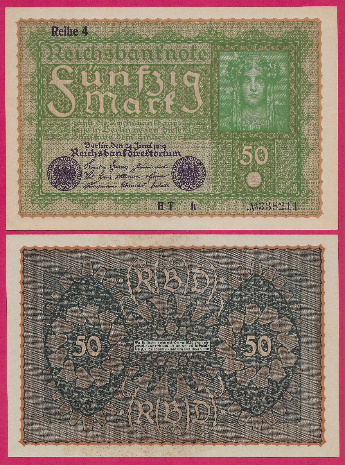 GERMANY EMPIRE 50 MARK 1919 AU WOMAN AT UPPER RIGHT,REIHE 1/4 (AT UPPER LEFT)
