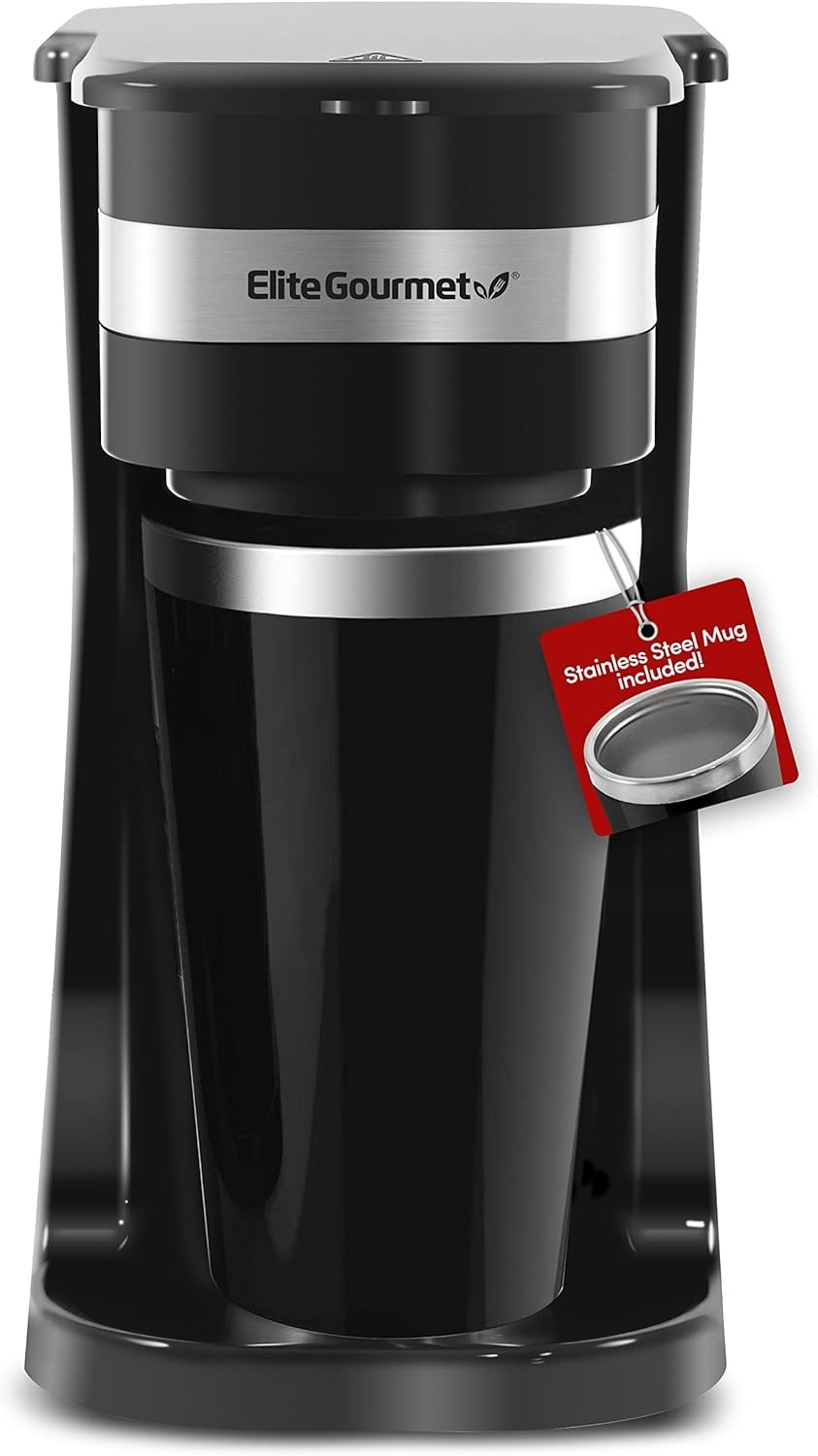 Elite Gourmet EHC114 Single-Serve Coffee Maker w 14oz Travel Mug Black