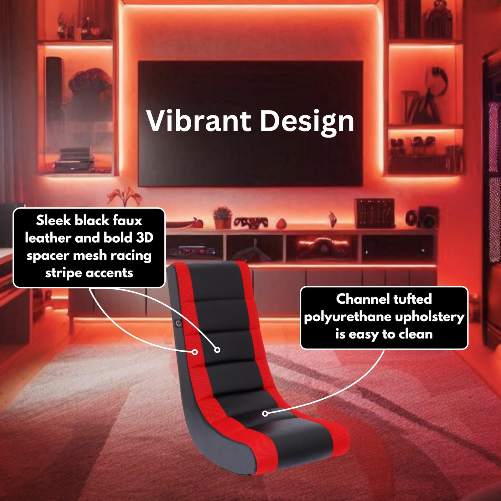 Classic Video Rocker Floor Gaming Chair, for Kids and Teens, PU Faux Leather ...