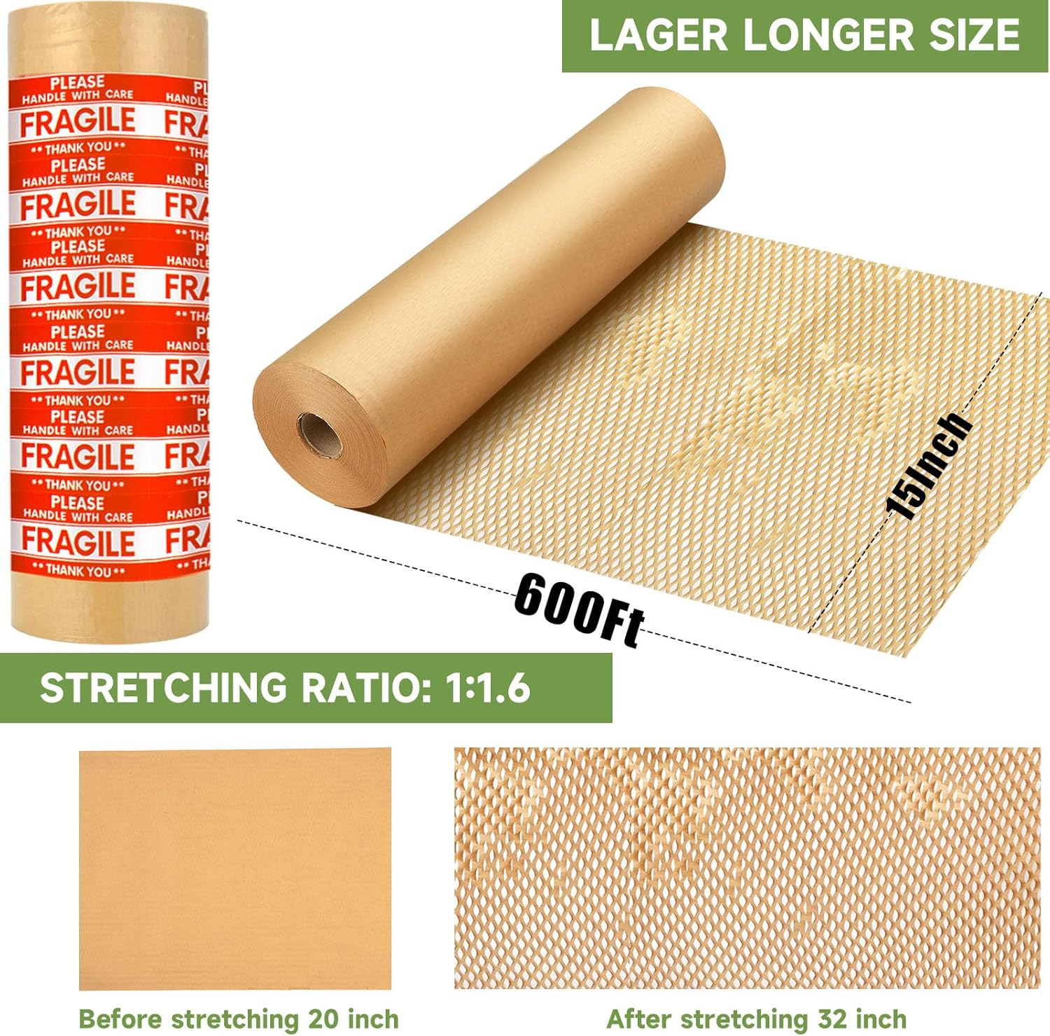 Honeycomb Packing Paper Wrap 15''X600', Substitute Alternative for Bubble Cushio